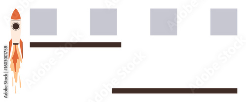 Rocket ascending beside four sequential blocks showcasing progress stages and two horizontal lines. Ideal for startup growth, project management, success, development, innovation, planning, simple