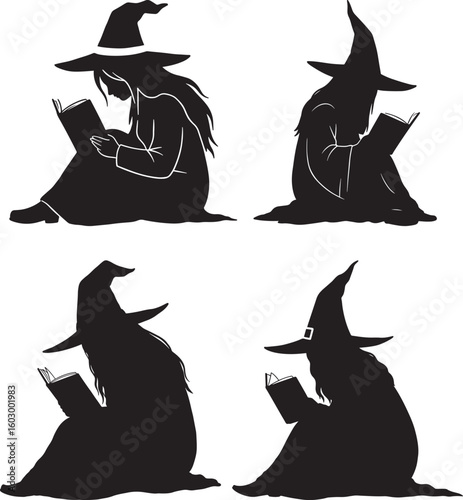 Four witch silhouettes reading books