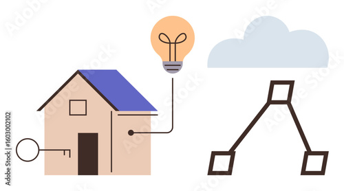 House connected to cloud via network lines, a glowing lightbulb, and a key. Ideal for technology, innovation, smart homes, IoT, networking energy efficiency digital transformation. Simple flat