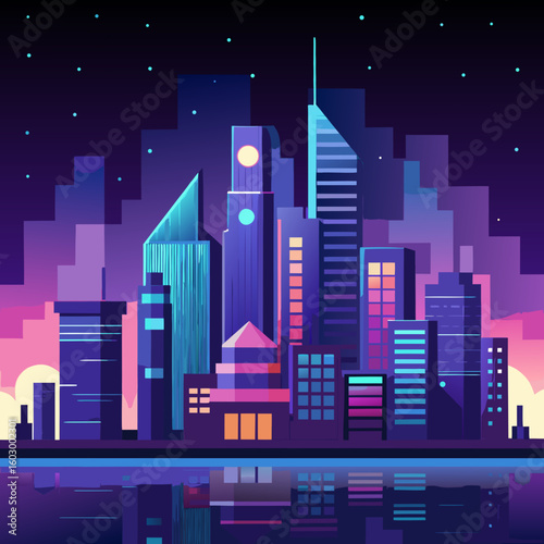 Vibrant Cityscape at Night A stylized illustration of a modern city skyline featuring tall buildings bright neon colors and a reflective water surface under a