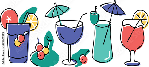 Colorful Tropical Drinks with Fruit and Umbrellas cocktails cherries