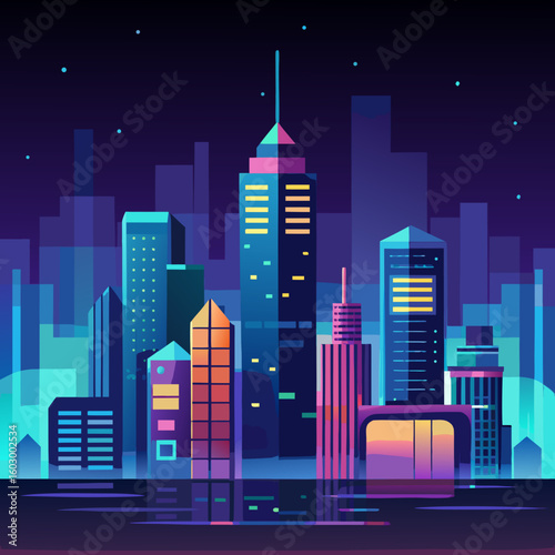 Abstract Cityscape at Night with Geometric Buildings and Vibrant Colors Showcasing a Modern and Futuristic Urban Landscape with a Reflective Surface and a Starry Sky