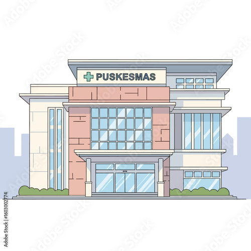 Illustration of a "Puskesmas" building, a community health center, featuring a modern architectural design with glass windows and a prominent sign.