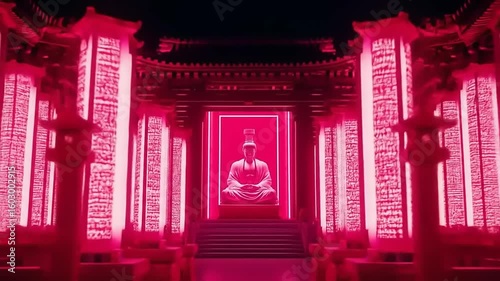 Crimson Contemplation: Asian Temple Illuminated in a Vibrant, Modern Red Hue
