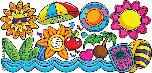 Happy sun beach umbrella tropical flowers and ocean waves sunglasses