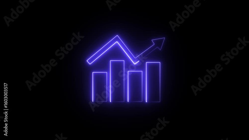 Glowing neon business graph chart icon animation on black background. Business growth concept animated.