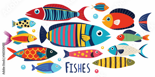 Colorful tropical fish swim gracefully in a vibrant blue underwater world, a cute vector illustration of marine life