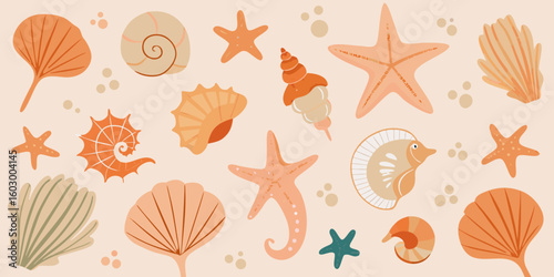 A vibrant, seamless vector pattern of marine life with starfish, shells, and tropical fish illustrations evokes a summer beach nature design