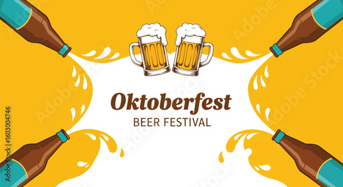 Oktoberfest beer festival is displayed with two beer mugs and flowing beer bottles