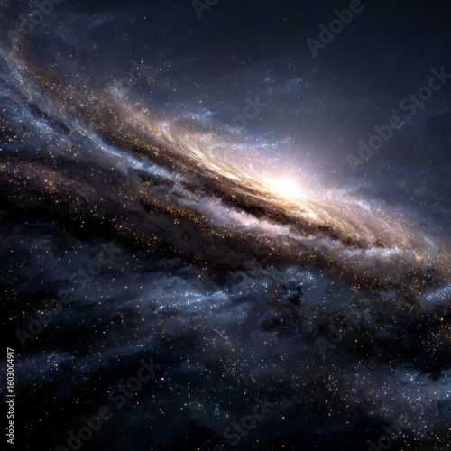 A dark sky with a large spiral galaxy in the center