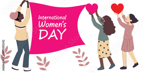 International Women's Day: Diverse Women Holding Hearts and Banner, Flat Style Illustration