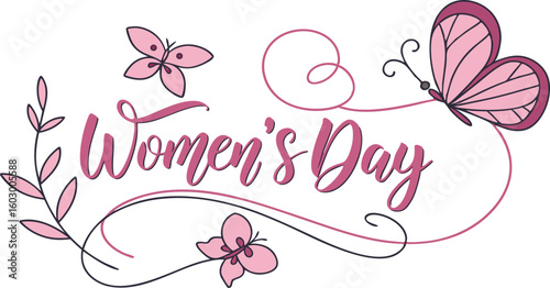 Feminine International Women's Day Design: Elegant Script, Pink Butterflies, Floral Wreath