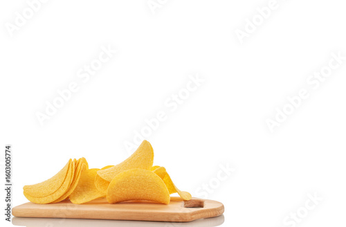 Crispy potato chips isolated on white background, close-up.