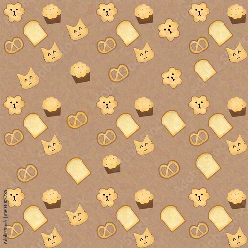 A charming seamless pattern featuring adorable cartoon cats, bread, muffins, and pretzels on a warm brown background. Perfect for bakery-themed designs, fabrics, or stationery.