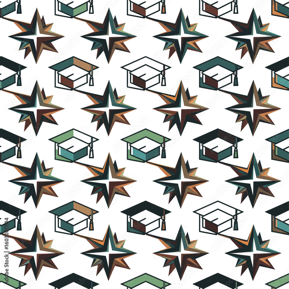Obraz premium A repeating pattern of graduation caps and starbursts on a white background forming a seamless design