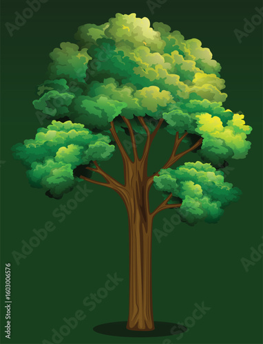 Vibrant green leafy tree standing tall with brown trunk forest element