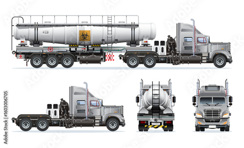 Semi trailer truck chemicals liquid tanker filled with toxic waste radioactive biological hazard 3D model view from various angles vector set illustration