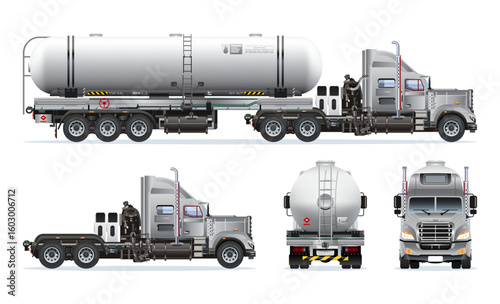 Semi trailer truck petroleum liquid oil tanker heavy cargo industries 3D model view from various angles vector set illustration