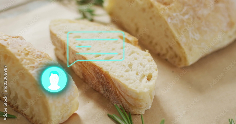 Fotobehang Displaying crusty bread slice on parchment on wooden countertop, with rosemary and turquoise icon #1603006987