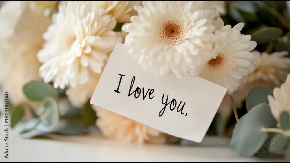 a delicate bouquet of fresh white flowers with a handwritten love note saying I love you,. High quality 4k footage