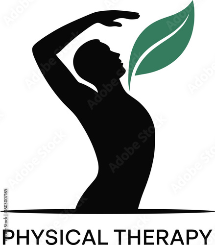 Physical Therapy And  Rehabilitation Logo.Human Silhouette with Leaf Symbolizing Natural Healing and Wellness