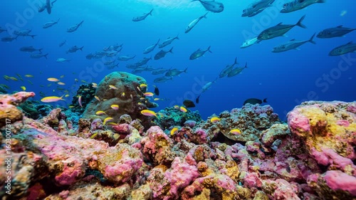 Low angle underwater shot of bright corals with large school of fish swimming in background, Nikumaroro, Kiribati