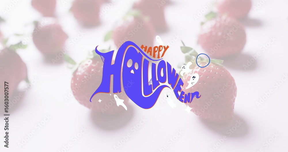 Fototapeta premium Featuring stylized purple Happy Halloween graphic glowing on tabletop, with scattered strawberries