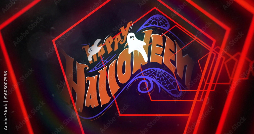 Naklejka premium Displaying Happy Halloween text glowing on virtual stage, with ghosts, spider webs, red neon frames