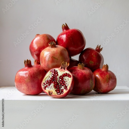 pile of natural ripe pomegranates with cut fruit, organic pomegranate stack on white pedestal, fresh superfood concept
