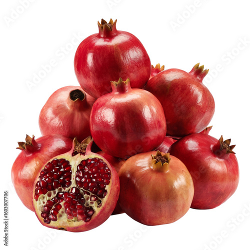 stack of fresh red pomegranates with cut fruit, ripe pomegranate pile on white background, healthy superfood photo
