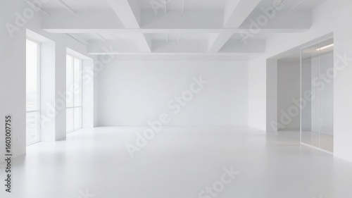 Minimalist White Interior with Large Windows and Smooth Flooring