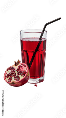 pomegranate juice with fruit on white, healthy red fruit drink with straw, isolated glass of pomegranate beverage

