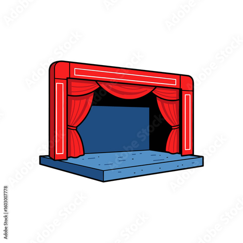 Illustration of a stage with red curtains and a blue backdrop with a blue stage floor area