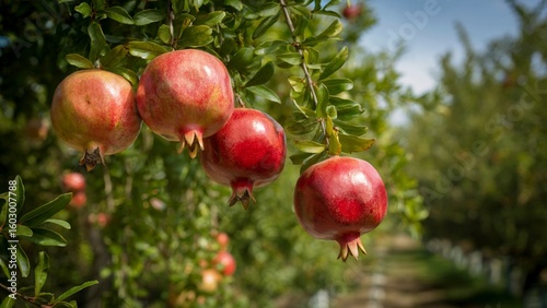 pomegranate tree with ripe fruit in orchard, organic pomegranates hanging on branch, nature close-up of red fruit growing
