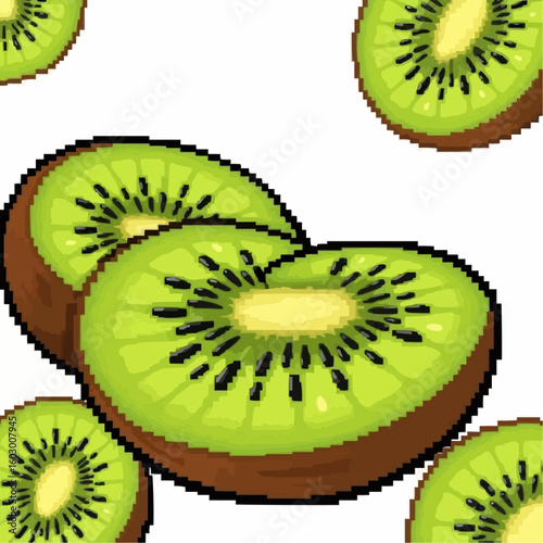 Sliced kiwi fruit in pixel art style on white background  