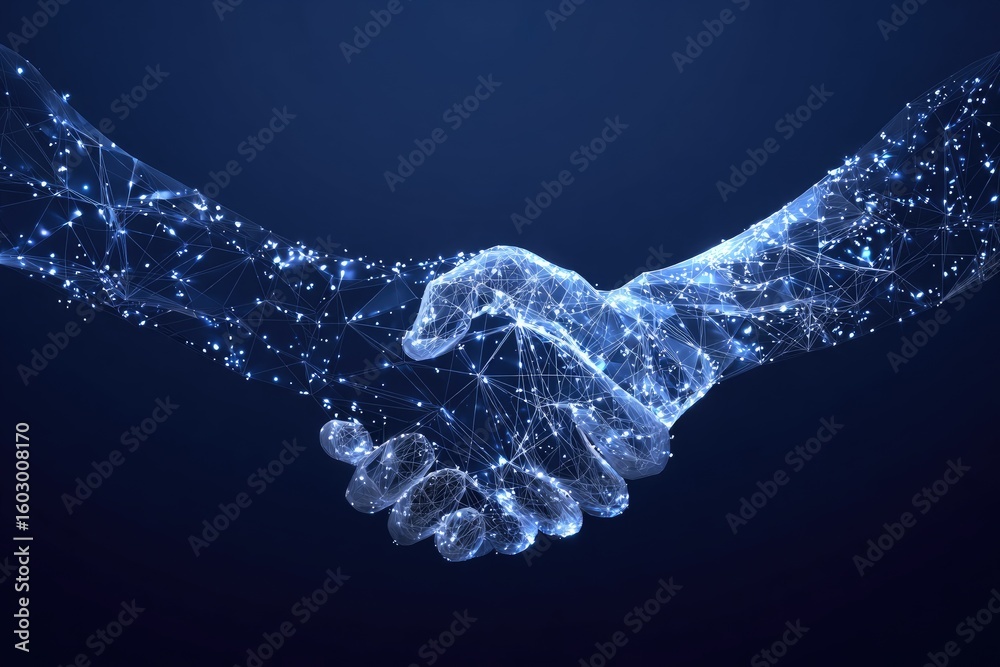 Fototapeta premium Abstract handshake, digital art. Two hands in a digital, wireframe style
