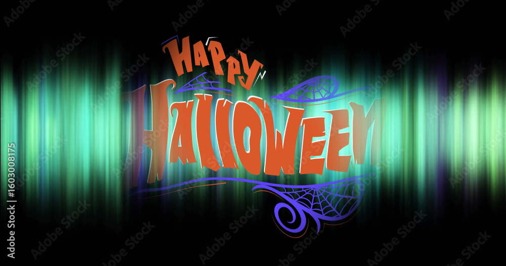Fototapeta premium Displaying Happy Halloween greeting in graphic against green-teal bars, featuring purple spiderwebs