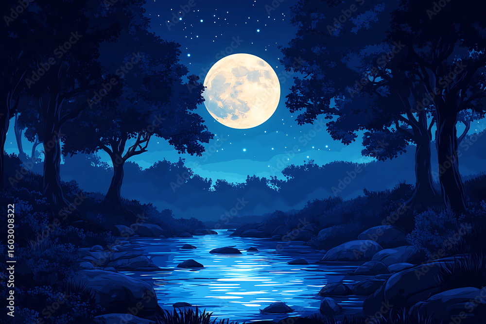 Fototapeta premium Mysterious enchanting landscape, river illuminated by moonlight on full moon. Mysterious trees grow along riverbank, mystical atmosphere. Background, banner or backdrop for Halloween, enigmatic themes