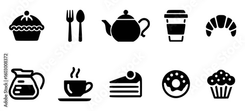 Pie coffee cup croissant teapot cutlery coffee pot steaming cup cake slice donut cupcake