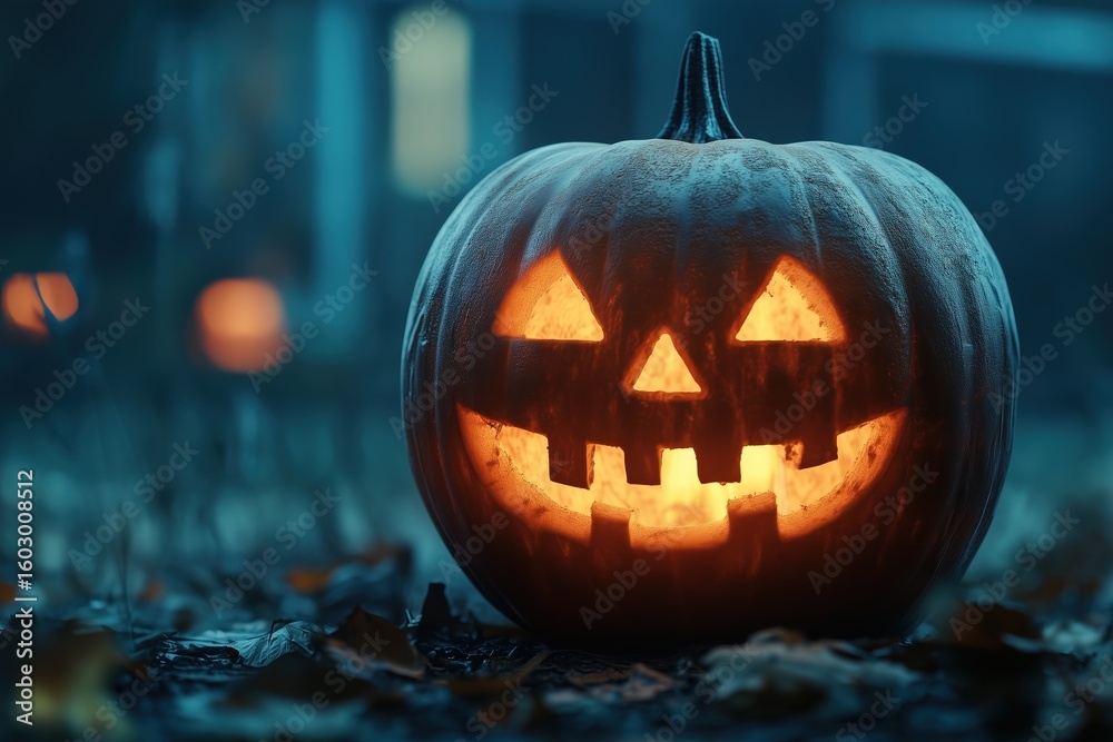 Naklejka premium Glowing carved pumpkin jack-o-lantern with laughing scary face, in darkness, on dry autumn leaves. Mysterious Halloween celebration atmosphere. Template with copy space for banner, greeting card