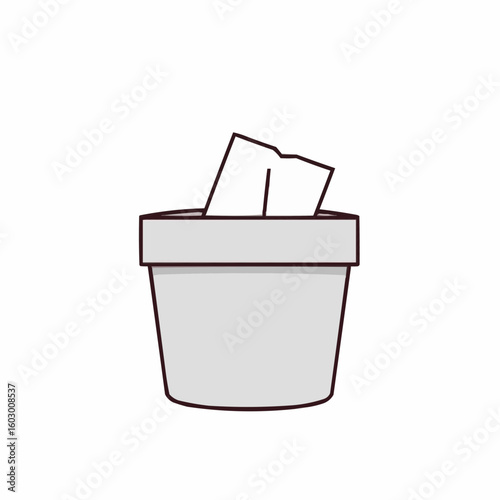 Simple trash can with papers inside on white background  