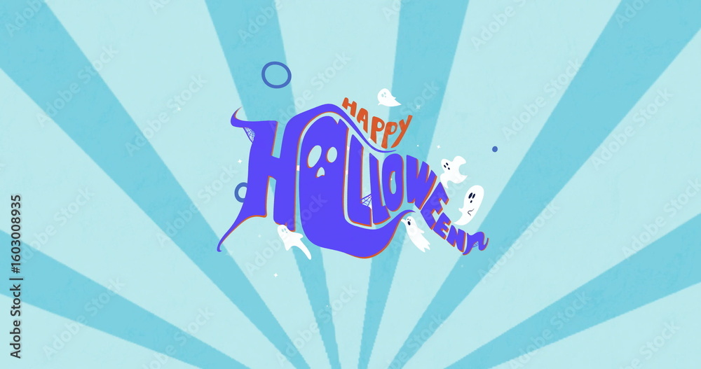 Fototapeta premium Displaying stylized Happy Halloween lettering on radial burst, with ghost illustrations and circles