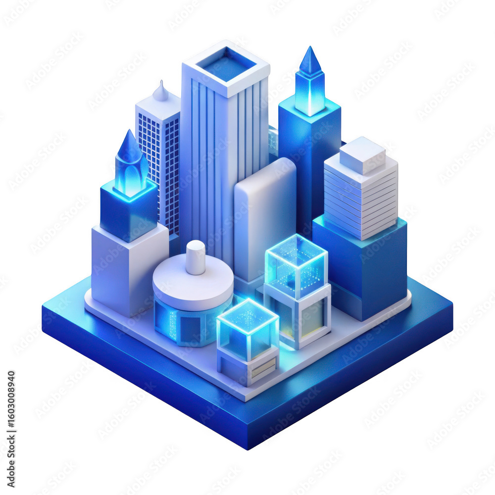 Fototapeta premium Futuristic cityscape with glowing blue buildings isolated on black background isolated on white background isolated on transparent background silhouette