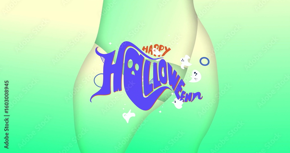 Naklejka premium Floating Happy Halloween lettering dancing over green gradient shapes, with ghosts and stars