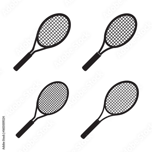 black silhouette classic tennis racket set bundle on white background