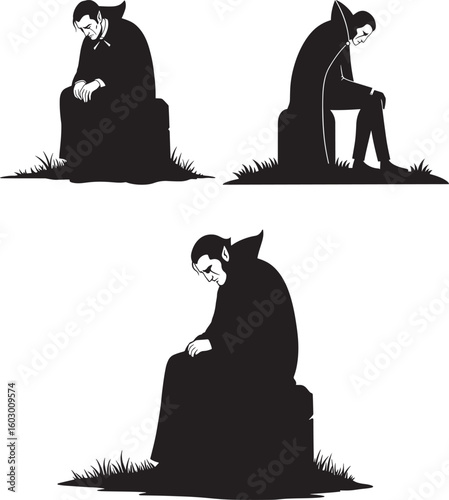 Three different poses of a man sitting on a tombstone silhouette