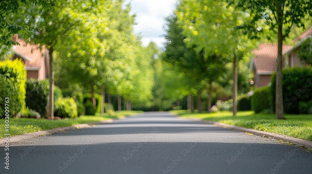 Obraz premium Blurred residential street background, houses, trees