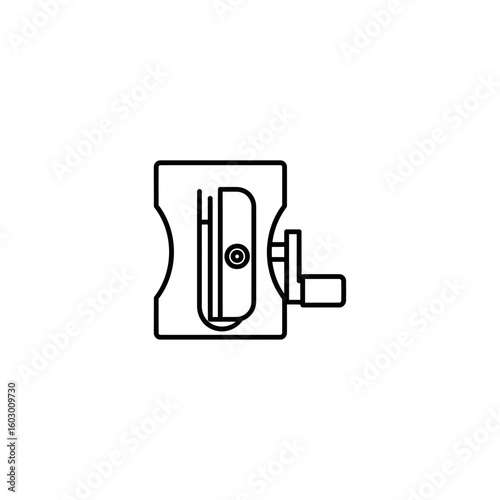 A minimalist line drawing of a pencil sharpener with a crank on a light gray background plane
