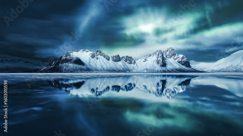 Majestic snow-covered mountains reflected in serene waters under the mesmerizing glow of the Northern Lights, creating a stunning vista – exclusive edition