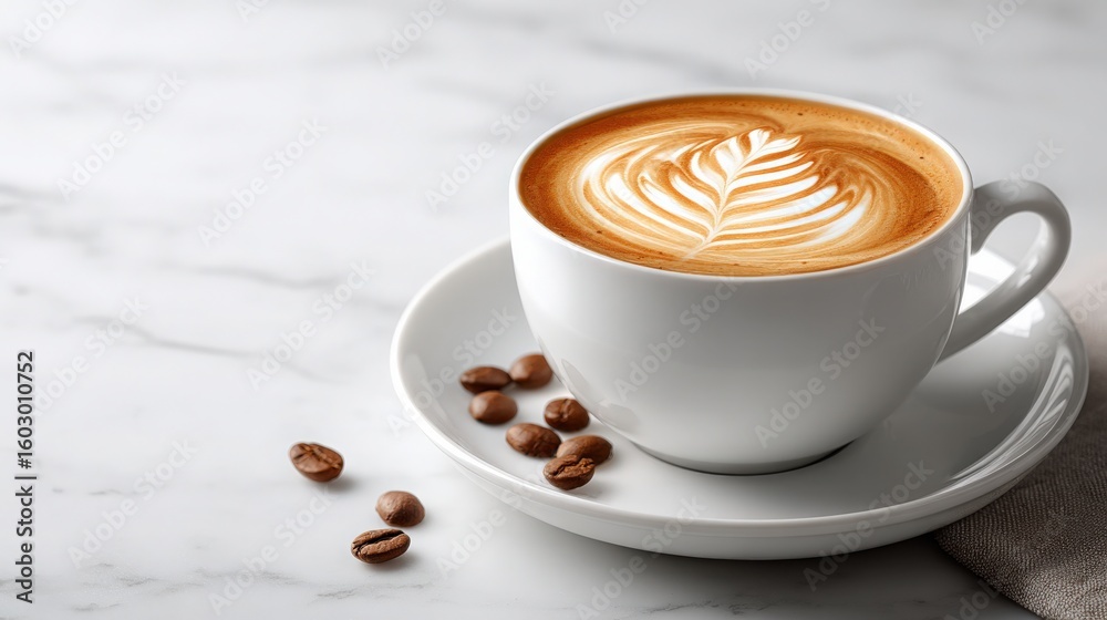 Obraz premium Latte Art in White Cup with Coffee Beans